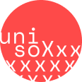 A bright orangeish red Unisoxx circular logo in the bottom left with a cut out X pattern covering half the circle.